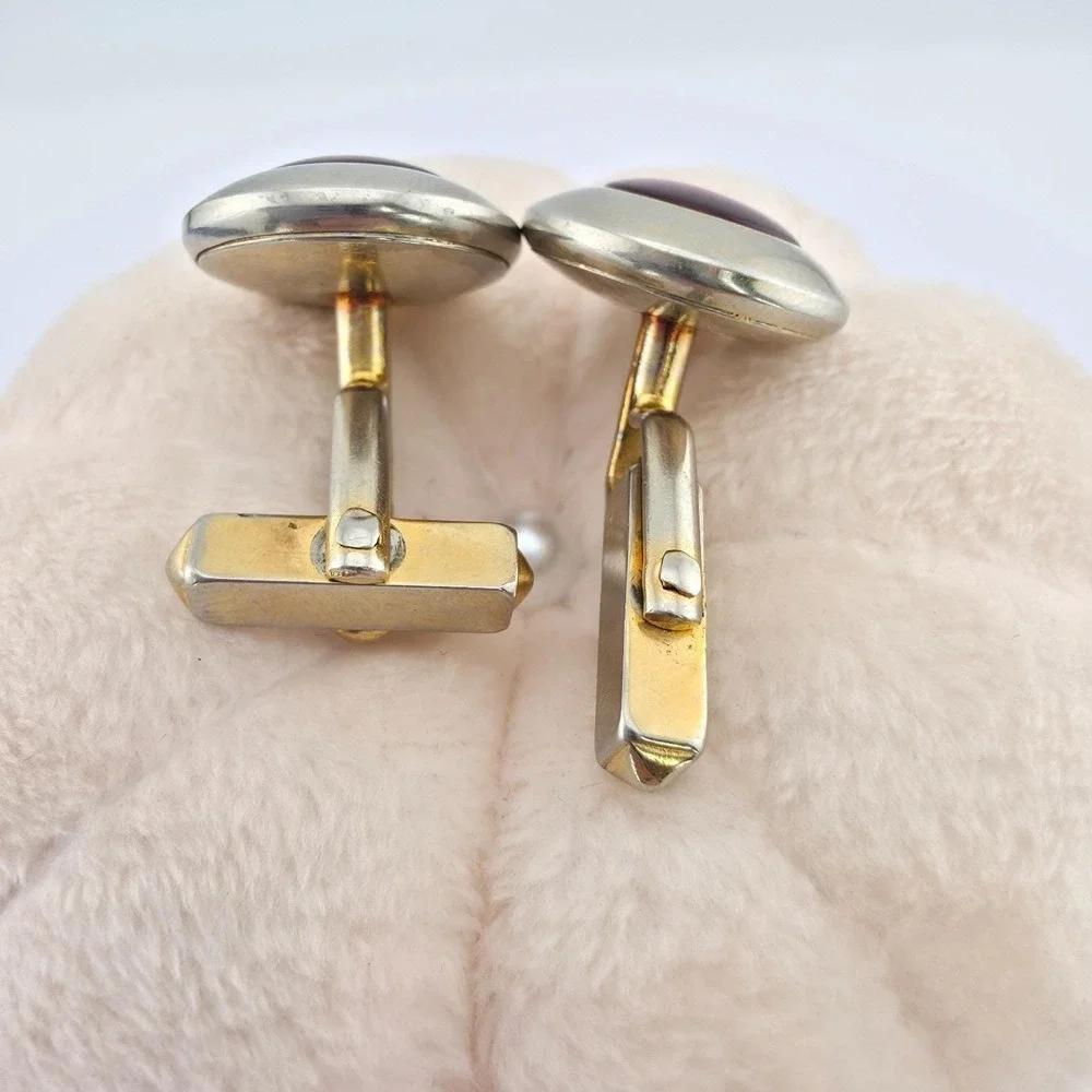 Vtg 80 Yr Old SWANK Cufflinks Deep Red Glass Cabochon Mid-Century Gold Plate